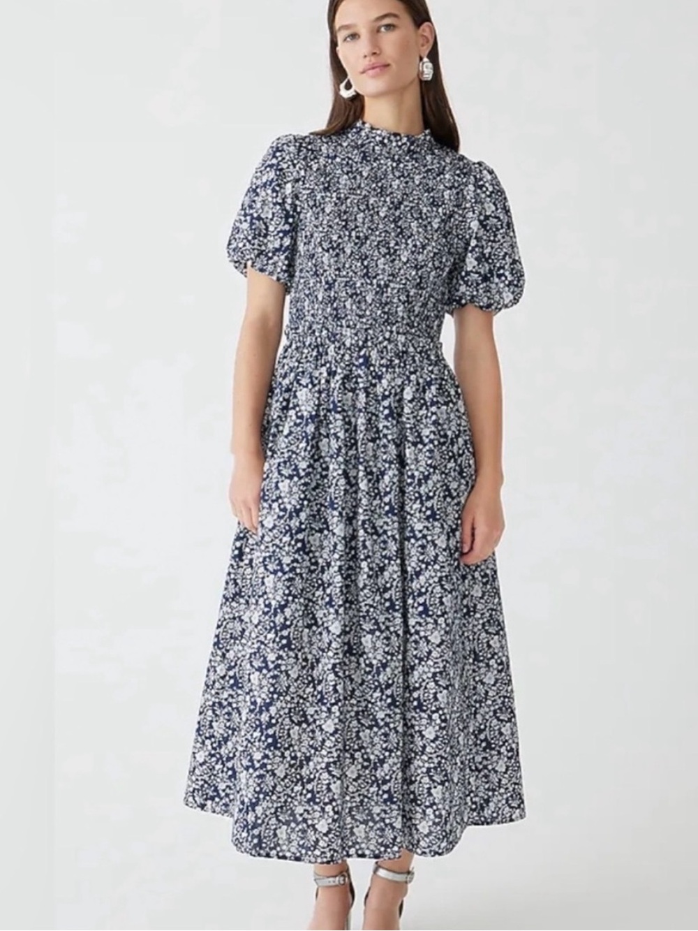 J. Crew Liberty Navy and White Floral Smocked Puff Sleeve Midi Dress Sz Med
